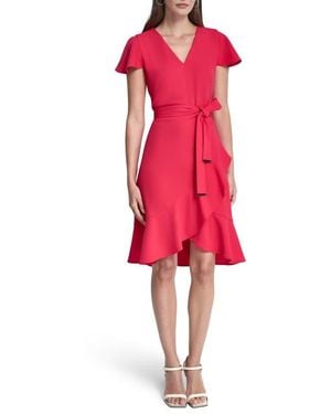 DKNY Short Sleeve Tulip Hem Fit & Flare Dress - Red