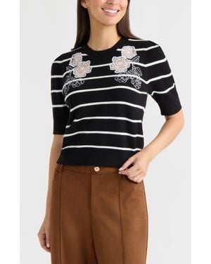 Ellen Tracy Floral Embroidered Short Sleeve Sweater - Multicolor