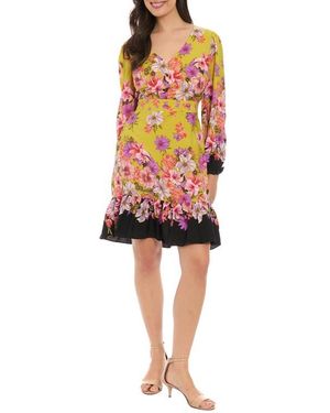 London Times Floral Border Print Long Sleeve Dress - Red
