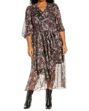 Eliza J Paisley Metallic Dot Chiffon High-Low Dress - Black