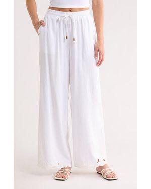 Ellen Tracy Embroidered Eyelet Hem Wide Leg Pull-On Pants - White