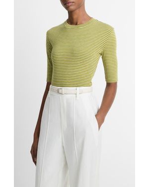 Vince Stripe Elbow Sleeve Cotton Blend Knit Top - Green