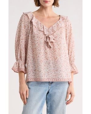 Max Studio Ruffle Front Floral Top - Natural
