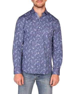 Tailorbyrd Classic Fit Floral Paisley Stretch Cotton Button-Down Shirt - Blue