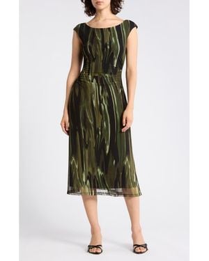 Connected Apparel Ruched Mesh Midi Dress - Green