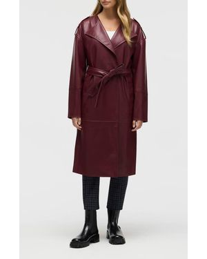 NVLT Belted Faux Leather Trench Coat - Red