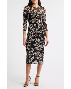 Anne Klein Floral Side Ruched Mesh Midi Dress - Black