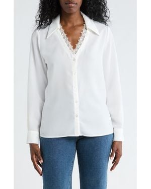 Gemma Jane V-Neck Lace Trim Button-Up Shirt - White