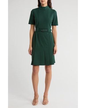 London Times Mock Neck Belted Pleated Scuba Crepe Dress - Green