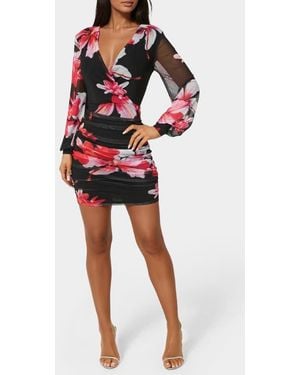 Bebe Long Sleeve Ruched Faux Wrap Minidress - Red