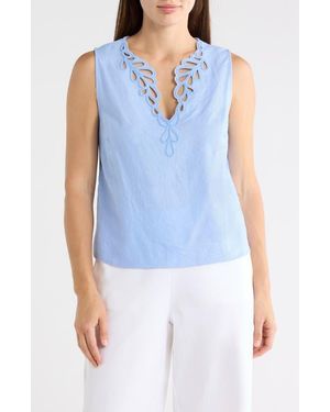 Ellen Tracy Embroidered Eyelet Sleeveless Top - Blue