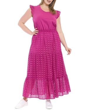 London Times Scoop Neck Mixed Media Tiered Maxi Dress - Pink