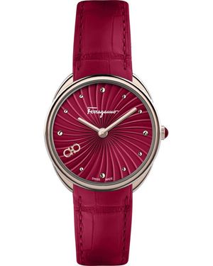 Ferragamo Guilloché Dial Embossed Leather Strap Watch - Red
