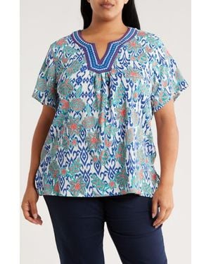 Ruby Rd. Embroidered Short Sleeve Crinkled Top - Blue