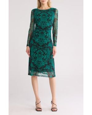 Connected Apparel Long Sleeve A-Line Mesh Midi Dress - Green