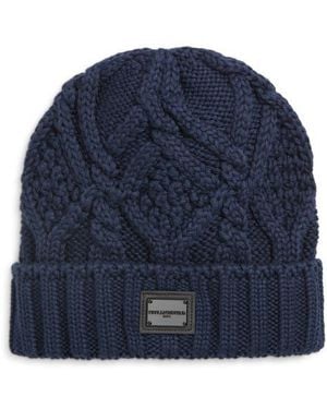 Karl Lagerfeld Gunmetal Logo Cable Knit Beanie - Blue