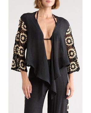 Elan Crochet Long Sleeve Tie Front Cover-Up Top - Black