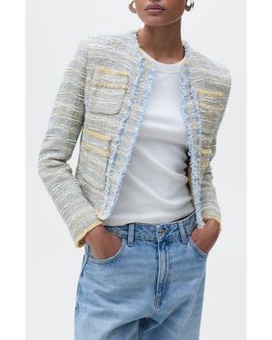 Mango Fringe Detail Cotton Blend Tweed Jacket - Blue
