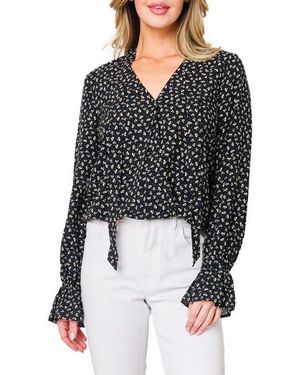 Gibsonlook Floral Surplice Tie Neck Top - Black