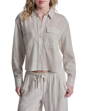 DKNY Striped Long Sleeve Linen Blend Top - Gray