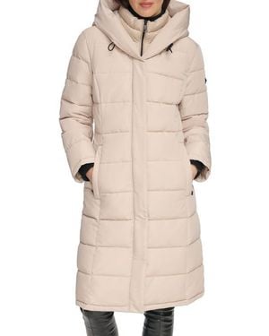 DKNY Water Resistant Hooded Bib Long Puffer Jacket - Natural