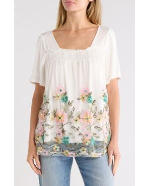 Forgotten Grace Embroidered Mesh Overlay Top - Natural