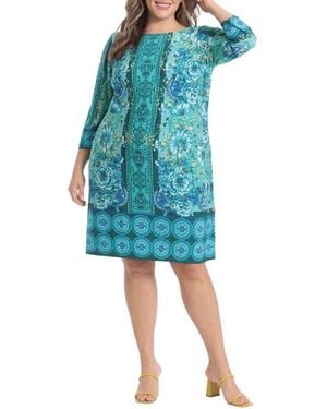 London Times Floral 3/4 Sleeve Shift Dress - Blue
