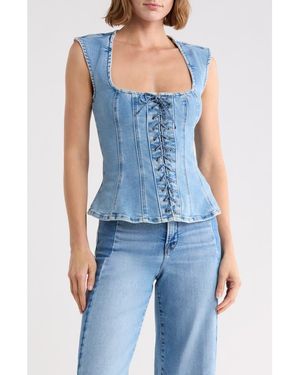 GOOD AMERICAN Dolly Lace Up Denim Peplum Top - Blue