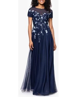 Betsy & Adam Embroidered Sequin Floral Bodice Mesh Gown - Blue