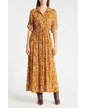 Ichi Floral Print Long Sleeve Shirtdress - Natural