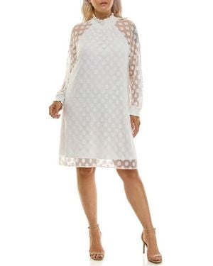 Nina Leonard Polka Dot Long Sleeve Trapeze Dress - White