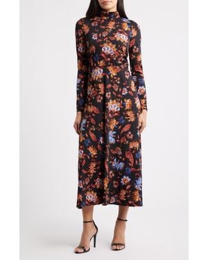 Julia Jordan Floral Mock Neck Long Sleeve Midi Dress - Red