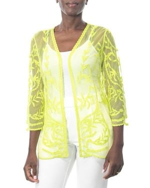 Nina Leonard Embroidered Mesh Open Front Shirt - Yellow