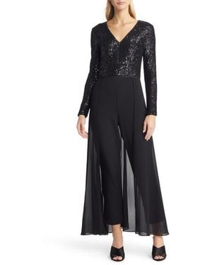 Eliza J Sequin Bodice Long Sleeve Overlay Jumpsuit - Black