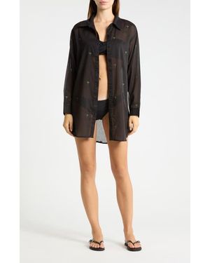 Boho Me Palm Tree Embroidered Cotton Shirt Cover-Up - Black