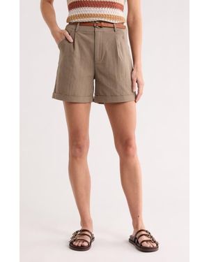 DR2 by Daniel Rainn Belted Pleated Front Stretch Cotton Shorts - Natural