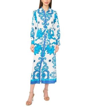 Halogen® Print Long Sleeve Belted Shirtdress - Blue