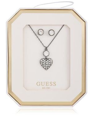 Guess Crystal Heart Pendant Necklace & Stud Earrings Set - White