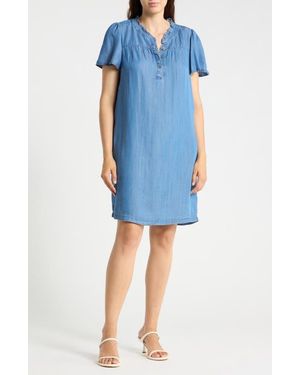 Beach Lunch Lounge Ren Short Sleeve Ruffle Collar Denim Shirtdress - Blue