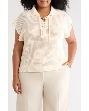 Tahari Tie Neck Short Sleeve Open Stitch Sweater - Natural