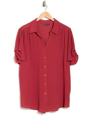 Adrianna Papell Puff Sleeve Button-Up Top - Red