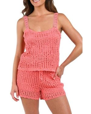La Blanca Waverly Lace Overlay Cotton Cover-Up Camisole - Red