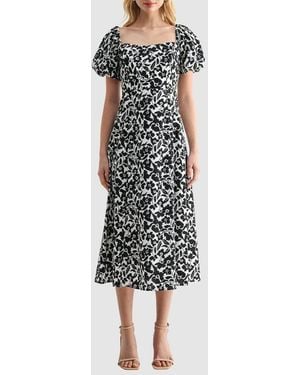 Lush Floral Puff Sleeve A-Line Midi Dress - Multicolor