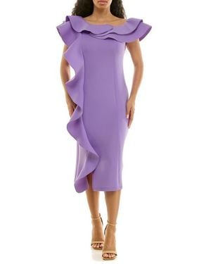 Nina Leonard Ruffle One-Shoulder Scuba Knit Sheath Dress - Purple