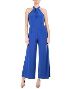 Nina Leonard Twist Halter Knit Jumpsuit - Blue