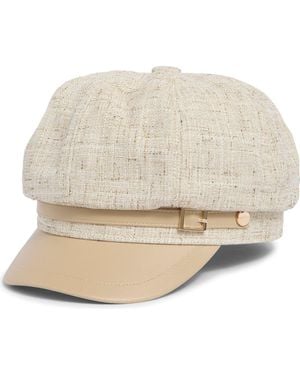 Vince Camuto Tweed & Faux Leather Newsboy Cap - Natural