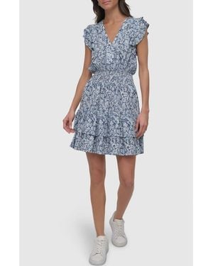 DKNY Pleated V-Neck Dress - Blue