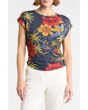 Tahari Cuffed Short Sleeve Ruched T-Shirt - Blue