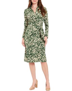 London Times Long Sleeve Faux Wrap Dress - Green