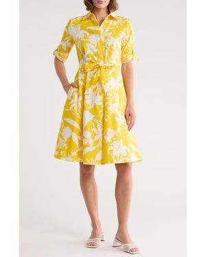 Calvin Klein Floral Tie Sleeve Cotton Shirtdress - Yellow